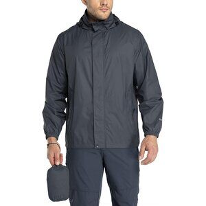 Men's Grey Nylon Rain Shell Hood Full Zip Packable Windbreaker Jacket
